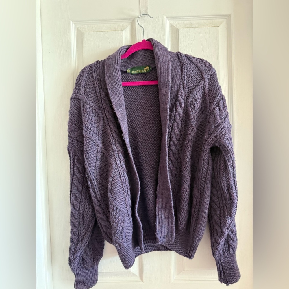 Cable Knit Shawl Collar Cardigan - Purple